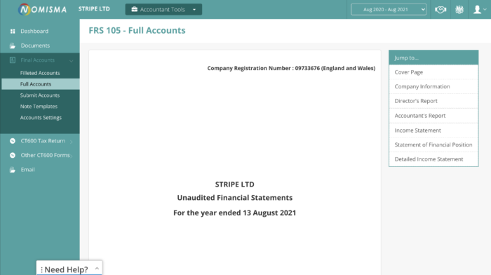 Nomi Final Accounts, View of Full Accounts On Screen
