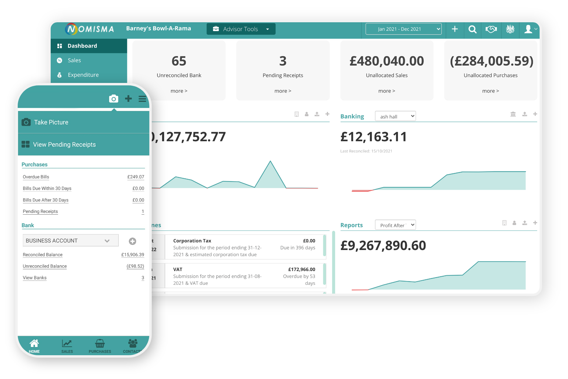 Nomi Bookkeeping Software Dashboard and Mobile App