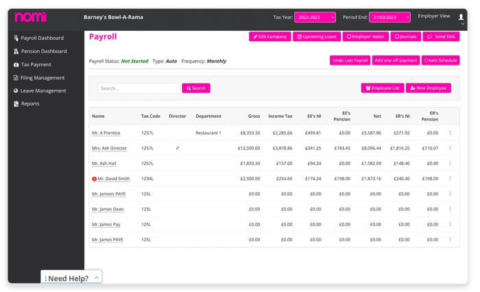 Nomi Payroll Dashboard containing all action buttons and a table of all staff and their pay details.