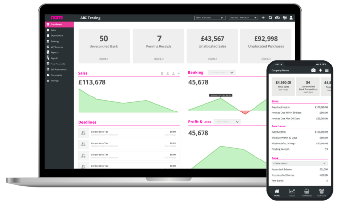 Nomi Accounting Software for Accountants, laptop and phone displaying the bookkeeping dashboard and mobile app dashboard.