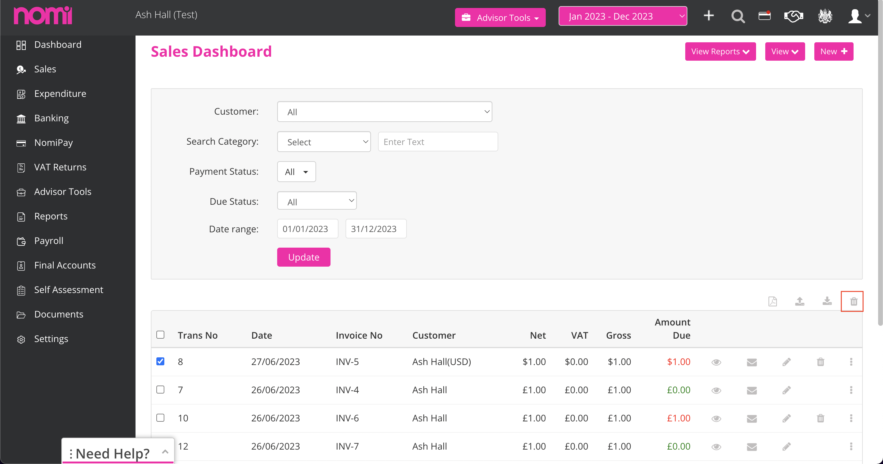 Nomi Bookkeeping Sales Dashboard, Bulk Option to Delete