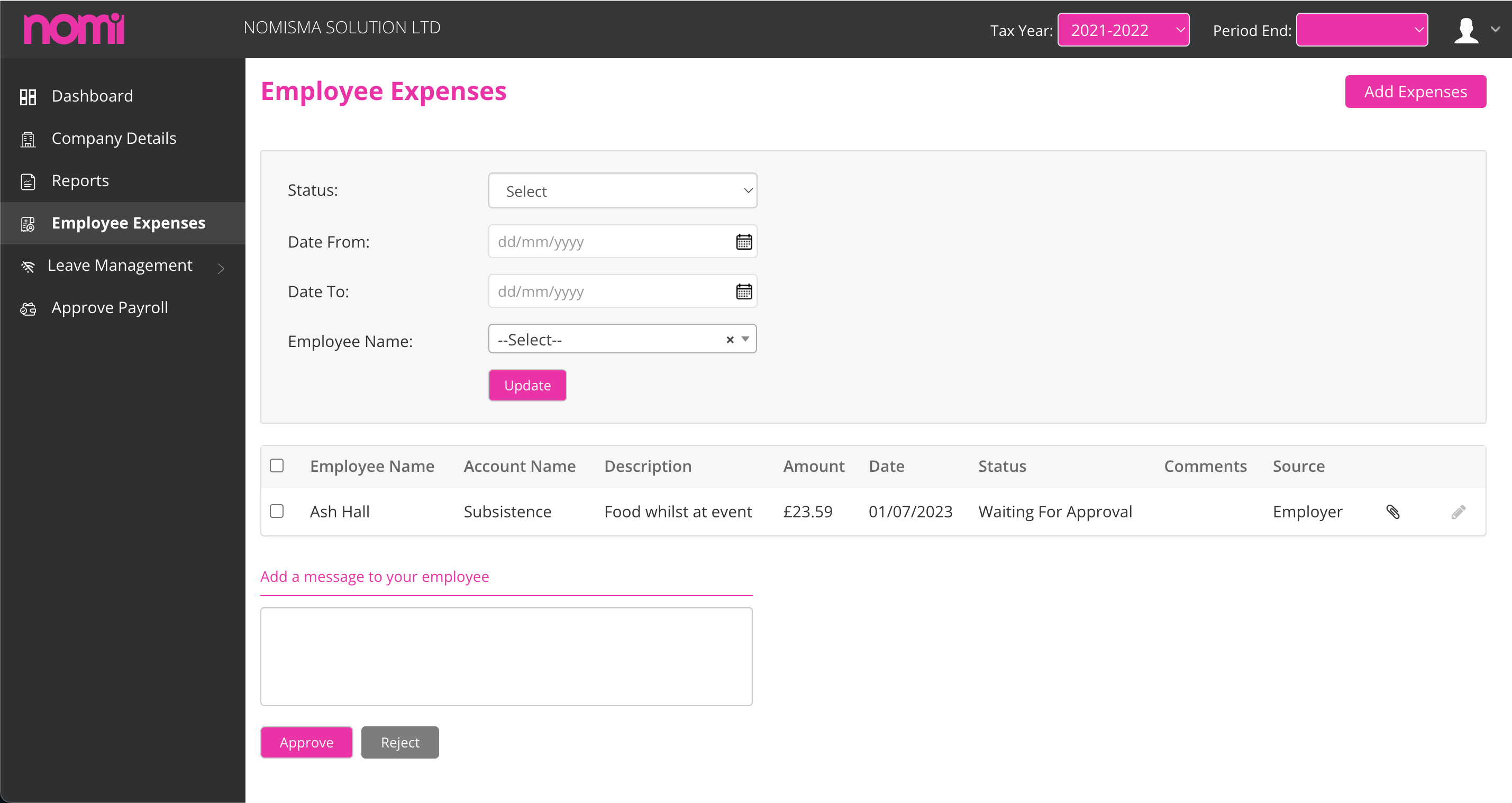 Nomi Payroll employer view, expense management process