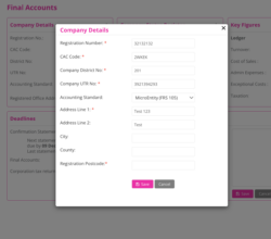 Final accounts software, edit details screen